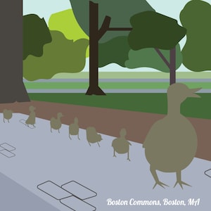 May include: A brown duck with a group of ducklings walking on a gray sidewalk in a park. The ducklings are following the mother duck in a line. The background is a green grassy area with trees.