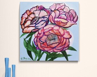 Pink Flowers Original acrylic painting, chinese luxury exotic peonies painting, botanic bouquet art, artwork for gift, painting for interior