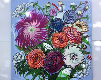 chrysanthemums original flower painting, floral artwork on canvas paper, colorful botanic wall art, illustration garden ideas by Natashaart