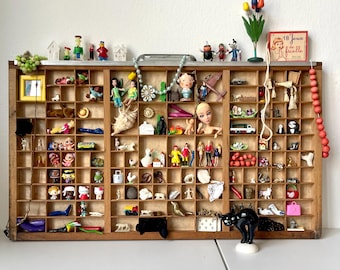 ShadowBox, Collection of miniatures and knick-knacks, Antique Wunderkammer Collectors box, Curios Components, Assemblage, Printer&#39;s Trays