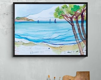 Blue Seascape Original Painting, Watercolor, beach aquarelle, surf panorama of coast, seashore horizon artwork, sky wall art, maritime art
