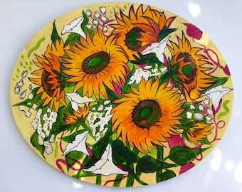 Sunflowers painting, Big original acrylic painting, oval orange sunflowers picture, bells art, orange bouquet, acrylic painting on canvas, p