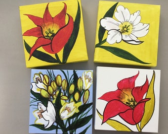 Tulipas Pinturas acrílicas originais, Pinturas de flores, Pinturas de primavera, Conjunto de 4 fotos, Várias combinações ou presentes separados, Decoração