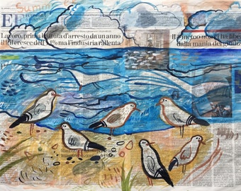 big watercolor on newspaper, avantgarde painting, streetart, seagulls, sunset, sea, primitive bright art, decor for modern interior