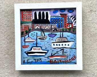 Oil painting original, Baltimore Harbor with ships, old power plant, bay coast , landmark harbor view in Matisse style, modern art for gift