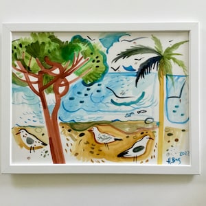 May include: A watercolor painting of a beach scene with two trees, a palm tree, and three seagulls. The water is blue and the sand is yellow. The painting is signed "H. Bug" and dated "9.1.2022".