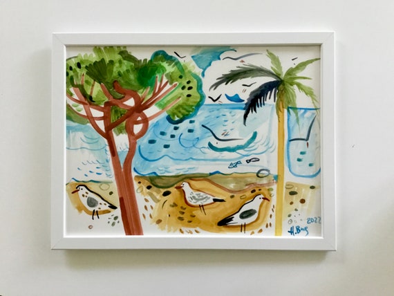 Seascape Watercolor on paper, Blue and White Painting Original Mixed Media wall art,  pink and GREEN Seagulls aquarelle, interior decoration