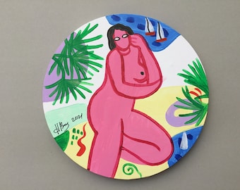 Pintura acrílica original, cuadro de mujer desnuda rosa, arte original redondo, paisaje marino con yates, arte de estilo primitivo, arte moderno a la Matisse
