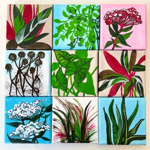 May include: Nine square canvases with different floral and plant designs. Each canvas features a different color scheme and style of botanical illustration.