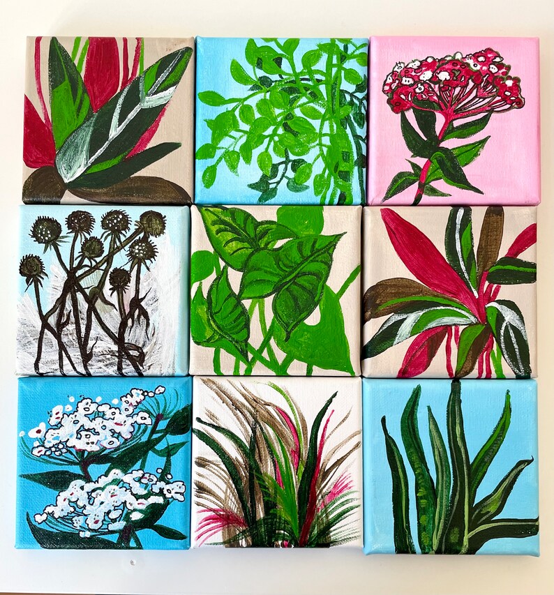 May include: Nine square canvases with different floral and plant designs. Each canvas features a different color scheme and style of botanical illustration.