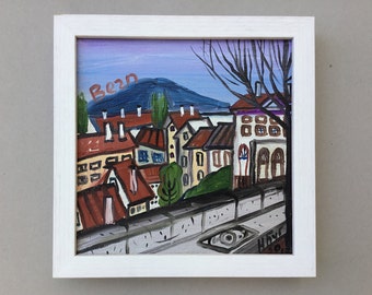Oil little painting original, Bern painting on canvas, Switzerland cityscape artwork, architecture European city, Swiss old town picture