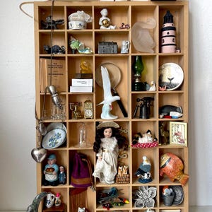 Shadowbox with things, Vintage Small Figurines, Trinkets, Statues & Knick-Knacks, Printer Trays, Trinket Shelf,