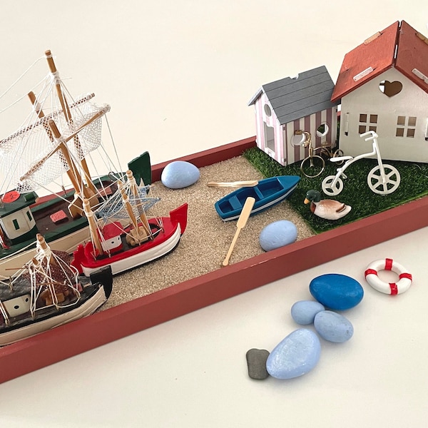 Mini Zen Garden with Ships, Cozy Desk Decor, Seascape Sandbox Diarama, creativity play, Miniature scene, stress relief, Nativity Scene