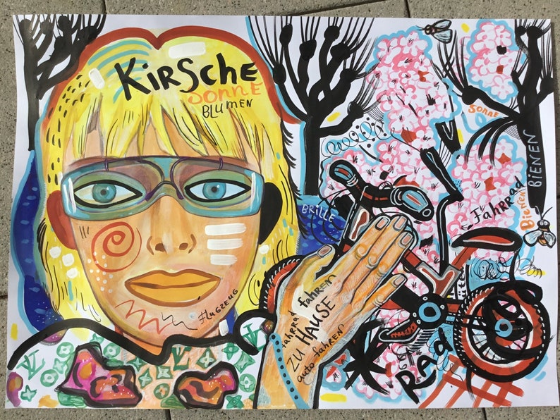 Pode incluir: Uma pintura colorida de uma pessoa usando &oacute;culos e uma camisa estampada. A pintura inclui as palavras "Kirsche", "Donne", "Blumen", "Brille", "Fahrra fahren", "auto fahren", "ZU HAUSE", "Rad", "Fahrrad", "Bie" e "BIENEN".