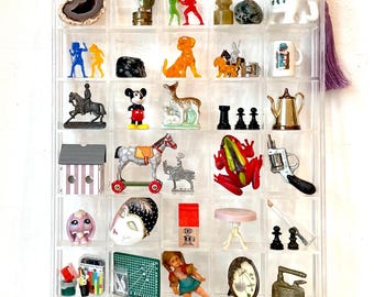 Shadow Box, Miniature, Collection of Vintage Curios Components, Altered Assemblage, miniature figurines, Letterpress tray, Trinket Shelf
