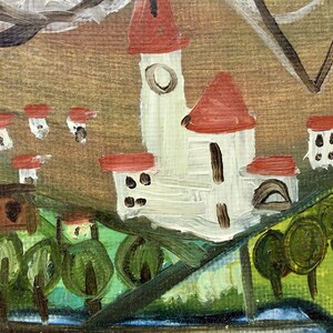 May include: A painting of a village with white houses and red roofs. The houses are surrounded by green trees and a blue river. The painting is done in a naive style.