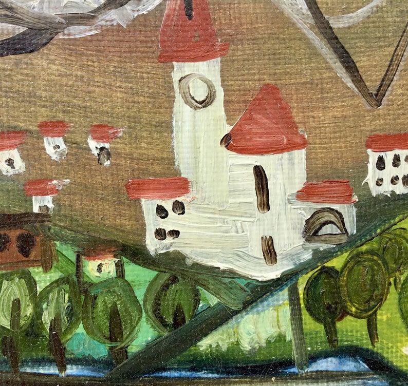 May include: A painting of a village with white houses and red roofs. The houses are surrounded by green trees and a blue river. The painting is done in a naive style.