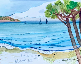 Aquarela original da Riviera Italiana, vista mediterrânea com pinheiros e paisagem de surfe com o mar da Ligúria Aquqrelle sobre papel