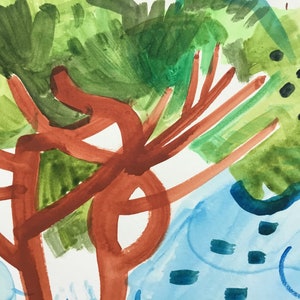 May include: A watercolor painting of a tree with a brown trunk and green leaves. The background is blue with white clouds.