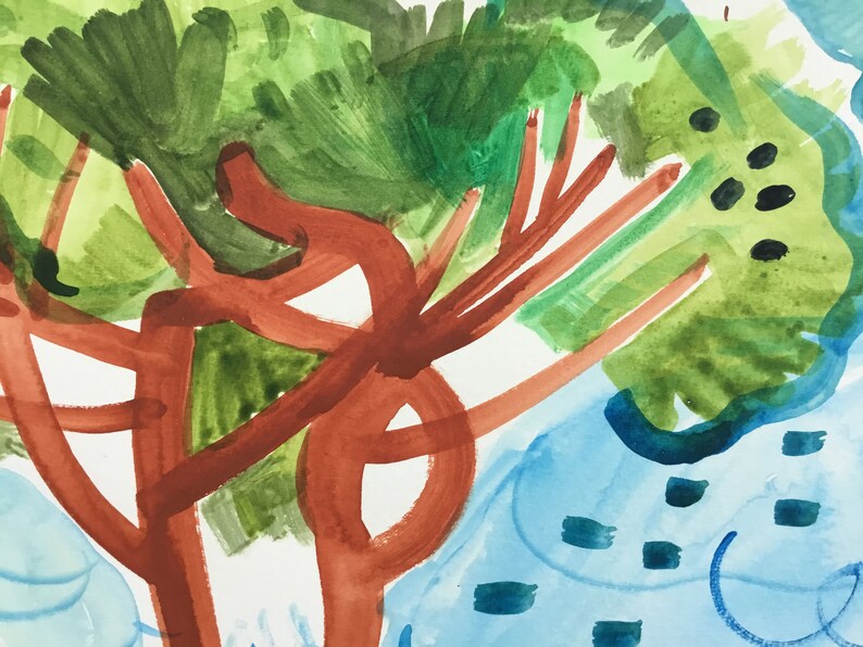 May include: A watercolor painting of a tree with a brown trunk and green leaves. The background is blue with white clouds.