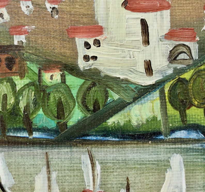 May include: A painting of a village scene with white houses with red roofs, green trees, and a blue river in the foreground.