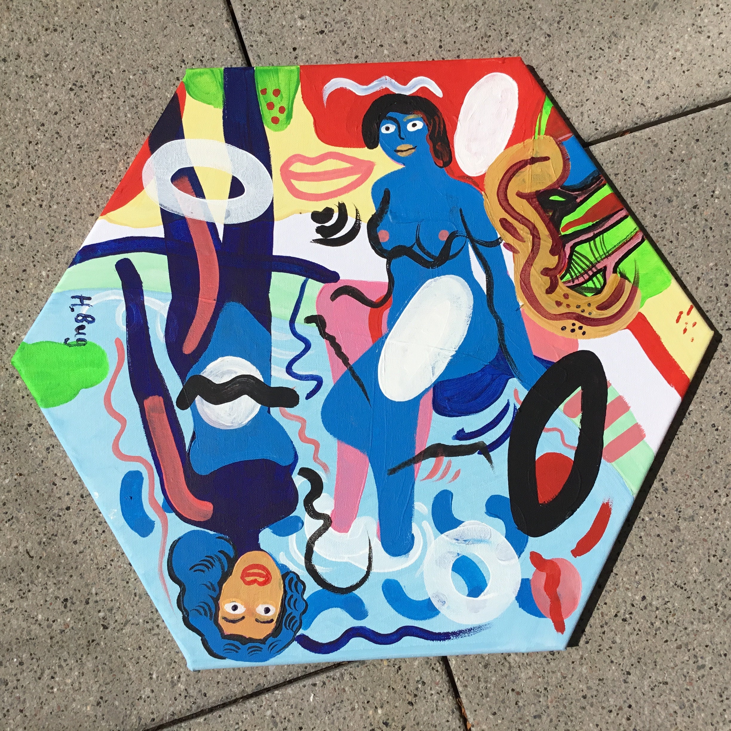 Abstract Original Acrylic painting Beach and tropical d 40 cm Nude woman’s Fovismus stile blue red pool marina flowers swimming people