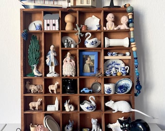 Printers Tray and Display Case Full of Original Curios, Shadowbox white blue, Lovely Old Antique Wooden Letterpress
