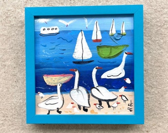 Oil Painting Original,Seascape, Sea And Seagulls, Switzerland, 20x20 sm, Blue Painting Wall decoration in home and office, gift idea