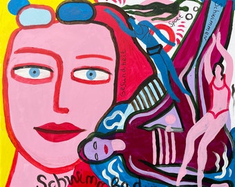 Pintura acrílica original, obra de arte deportiva, pintura de natación en piscina, arte de estilo de vida saludable de personas, arte de pared de belleza desnuda, imagen de alegría de vivir