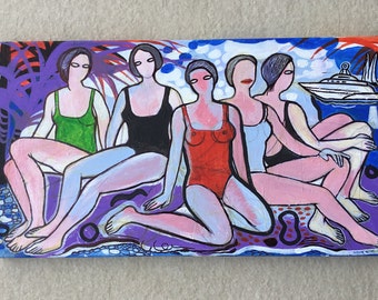 Mujer junto a la piscina, pintura al óleo original sobre lienzo, arte mural, estilo impresionista, arte relajante de verano, decoración del hogar, paisaje marino con barco y bañistas