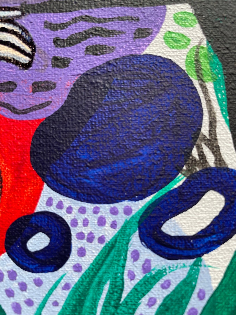 Puede incluir: Pintura abstracta con un esquema de color azul, verde, morado y blanco. La pintura presenta una variedad de formas y patrones, incluyendo c&iacute;rculos, puntos y l&iacute;neas.