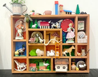 ShadowBox, Collection of miniatures and knick-knacks, Antique Wunderkammer Collectors box, Curios Components, Assemblage, Printer&#39;s Trays