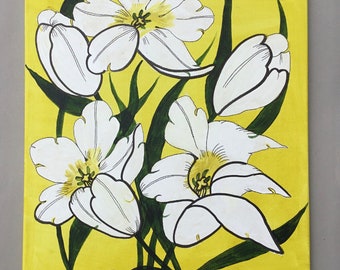White tulips painting, Flowers Original acrylic painting on canvas, wall art in interior, good gift idea, light botanical painting