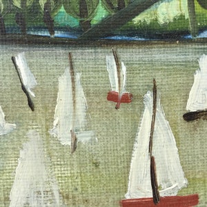 May include: A painting of a green landscape with a blue river and white sailboats. The sailboats are painted in a simple style with white sails and brown masts.