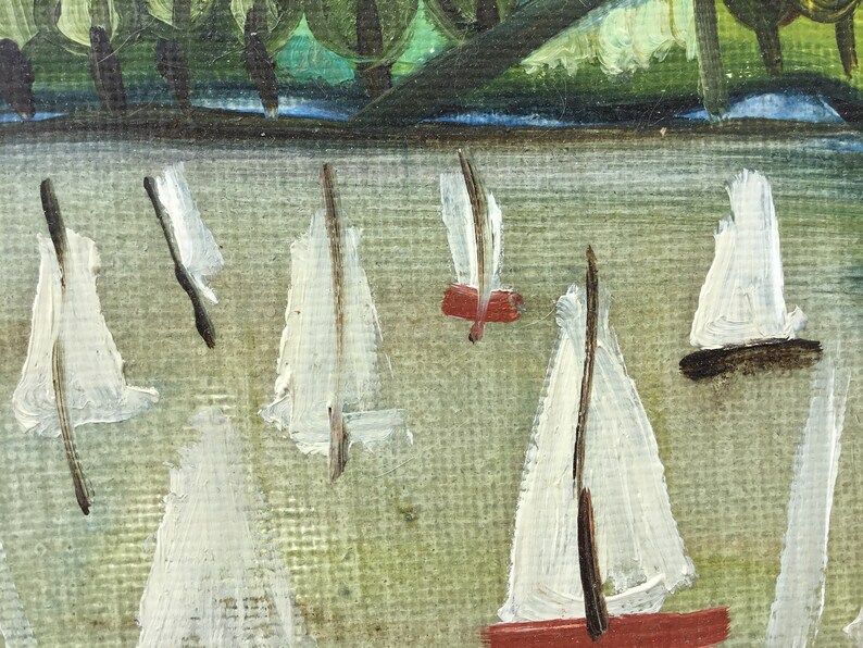 May include: A painting of a green landscape with a blue river and white sailboats. The sailboats are painted in a simple style with white sails and brown masts.