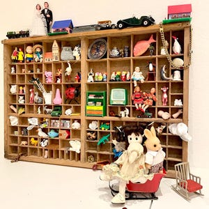 Schattenbox, Sammlung von Miniaturen und Nippes, Antike Wunderkammer-Sammlerbox, Kuriositätenkomponenten, Assemblage, Drucktabletts