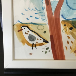 May include: A watercolor painting of a bird with brown, white, and gray markings perched on a branch. The background is a blue and yellow abstract landscape.