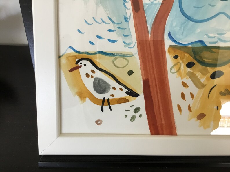 May include: A watercolor painting of a bird with brown, white, and gray markings perched on a branch. The background is a blue and yellow abstract landscape.
