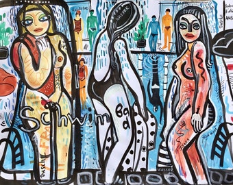Pintura acrílica original, bañistas desnudos, piscina, mujeres en traje de baño, obra de arte de natación, arte deportivo enmarcado, pintura de pared hecha a mano en el interior