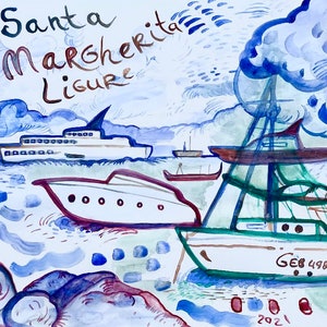 May include: A watercolor painting of a seascape with boats. The painting is titled "Santa Margherita Ligure" and is signed "H.B. 2021".