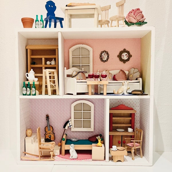 Dollhouse miniatures, Puppenhaus, Pink dollhouse diarama in a box, Miniature furniture in 1:12 scale, Decor in interior, Wunderkammer Box