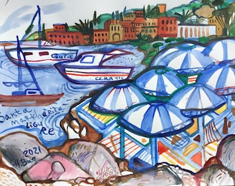 Watercolor with sea with the coast of the Ligurian sea with parasols with palm trees and coastal stones for memory of summer vacation