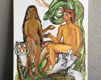 Original oil painting, Adam Eva picture, Paradise artwork, Serpent Tempter painting, painting on a religious theme, biblical story in Edem