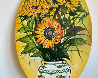 Pintura acrílica original de girassóis, arte moderna de parede, pintura vertical amarela oval tamanho 40x60cm, pintura da artista Natasha Bugaenko