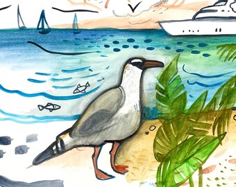 Watercolor Seascape, Seagulls Painting Original, Ligurian Sea Watercolor, Maritime picture on paper, light watercolor landscape for gifts