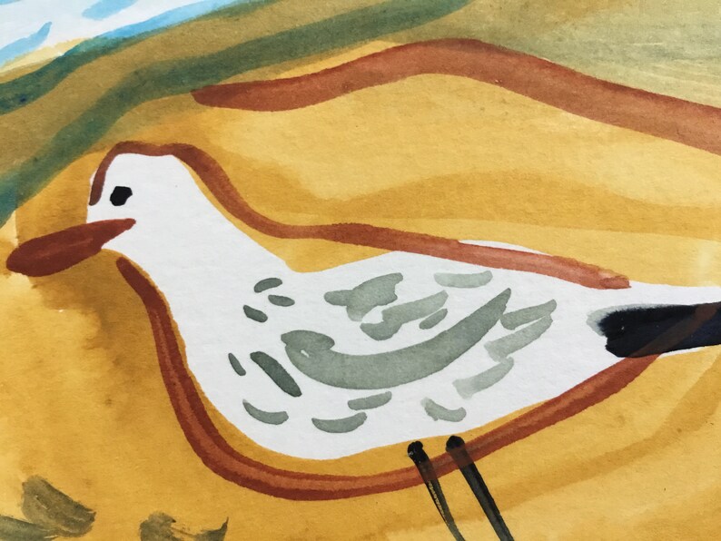 May include: A watercolor painting of a white bird with brown and black markings on a yellow background.