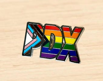 Portland "PDX" Progress Pride Rainbow Flag 1.25" Enamel Pin Badge Gay LGBTQ+ Lesbian Transgender Ally Trans