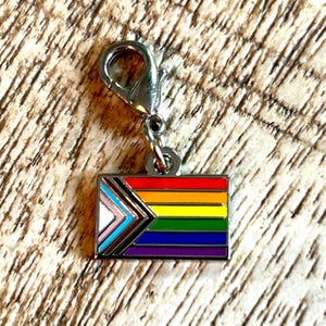 May include: A rectangular charm with a rainbow flag design, featuring red, orange, yellow, green, blue, and purple stripes. The charm includes a silver-colored clasp for attachment. The flag design incorporates the colors of the transgender pride flag.