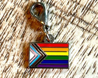 Progress Pride Flag Clip Charm – LGBTQ+ Gay Pride Rainbow Enamel Charm with Lobster Clasp | Pride Bag, Bracelet, Shoe & Zipper Charm