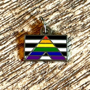 May include: A rectangular metal charm with a rainbow triangle design, featuring black and white stripes and a silver loop for attachment. The charm is set against a textured, brown background.